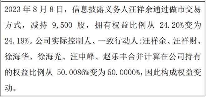 米乐M6 米乐百事宝股东汪祥余减持9500股 权益变动后直接持股比例为2419%(图1)